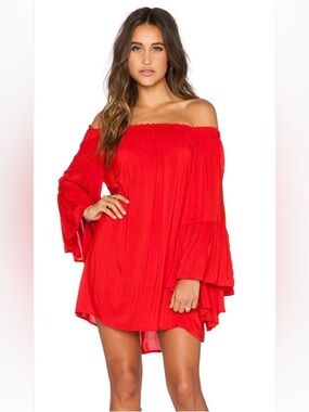 Indah Kamani Red Off Shoulder Mini Dress Boho Bell Sleeve Coverup M